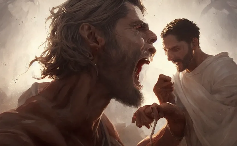 Prompt: Jesus Christ fighting Lucifer, detailed face, digital art,ultra realistic,ultra detailed, ultra wide Lens, art by greg rutkowski