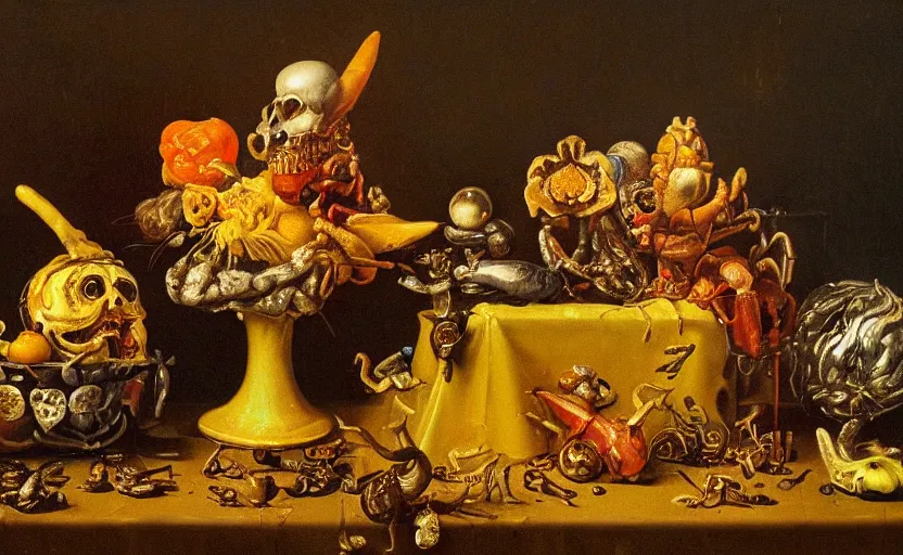 Image similar to disturbing colorful oil painting dutch golden age vanitas still life with bizarre objects strange gooey surfaces shiny metal bizarre insects rachel ruysch dali todd schorr very detailed perfect composition rule of thirds masterpiece canon 5 0 mm, cinematic lighting, photography, retro, film, kodachrome