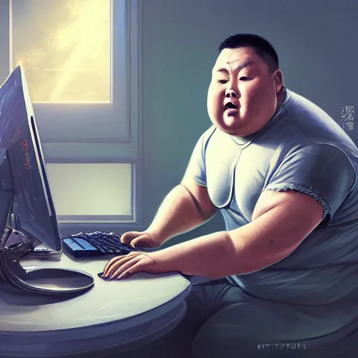 Image similar to an insanely detailed painting of a chubby asian man wearing a homemade superhero costumed, sitting at a computer desk typing on the keyboard, in the style of peter mohrbacher, dramatic lighting and composition, trending on artstation, concept art, comic book, graphic novel