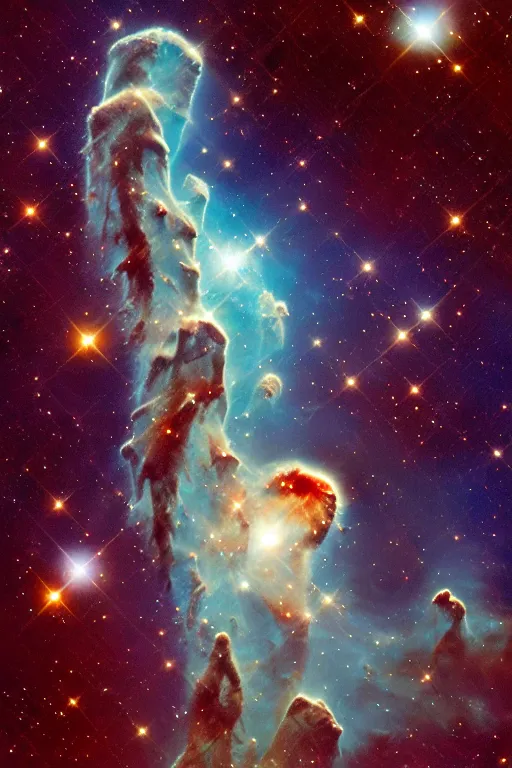 Image similar to Pillars of Creation. elephant trunks of interstellar gas and dust in the Eagle Nebula in the Serpens constellation. HR Giger, oil on canvas. Hubble Space Telescope. Stars. NASA. Milky Way Galaxy. detailed. high resolution.