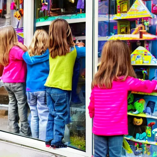 Image similar to kids peeking through a toy store's window from outside