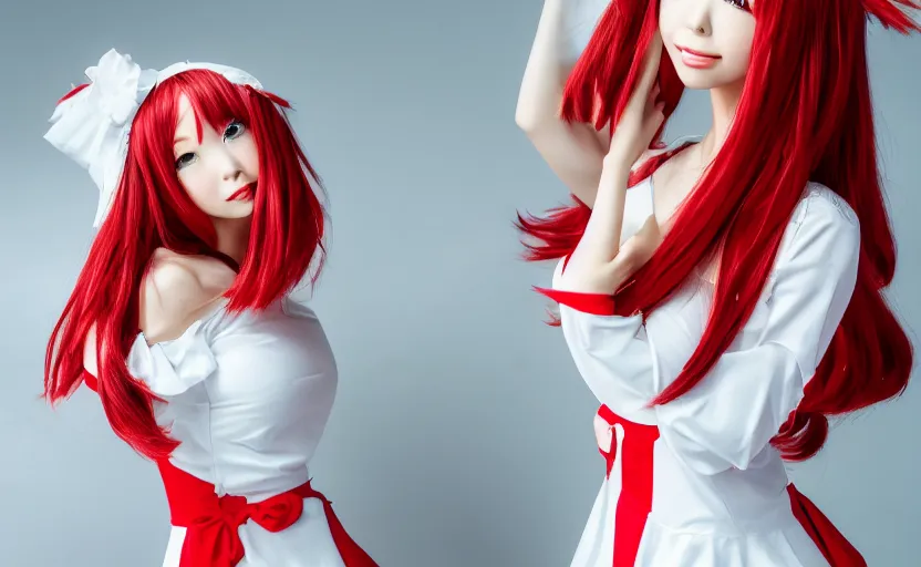 Image similar to very detailed photo of anime girl cosplayer wearing white and red dress, studio photo, anatomically correct, pretty face, UHD, 8k