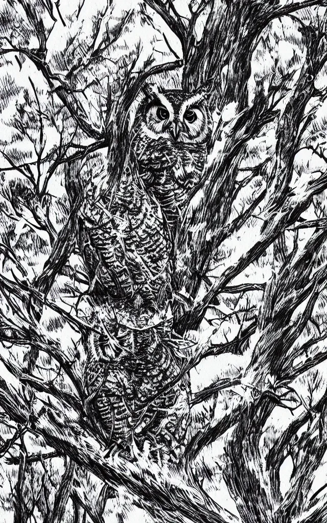 Image similar to hyperrealist nature photograph of a great horned owl in a tree, high contrast wood engraving, kentaro miura manga style, shocking detail trending on artstation 8 k