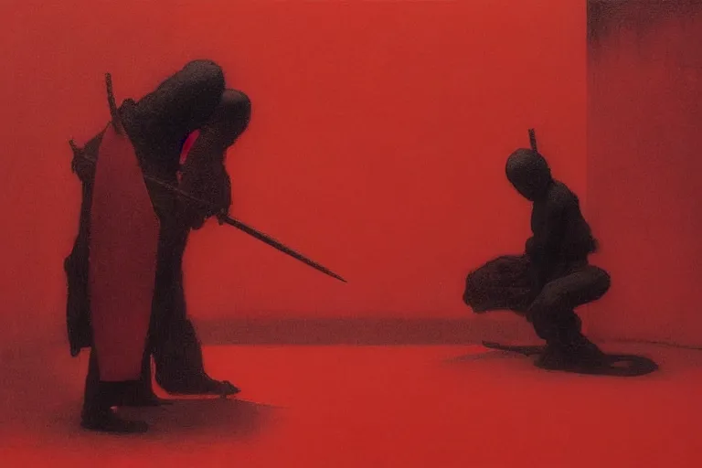 Image similar to only with red, a red samurai do seppuku, tokio, a lot of frogs watch, in the style of beksinski, parts by edward hopper, parts by rodcenko, parts by yue minjun, intricate and epic composition, red by caravaggio, insanely quality, highly detailed, masterpiece, red light, artstation, 4 k