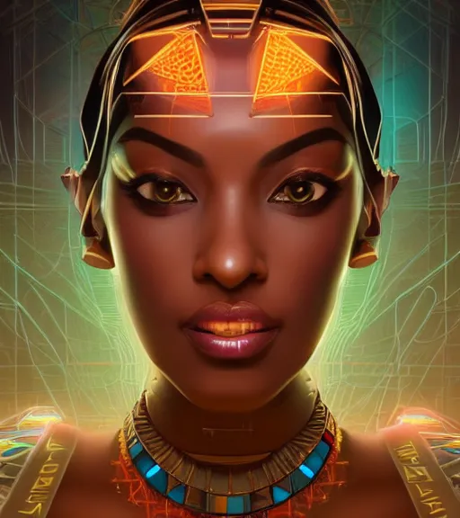 Image similar to symmetry!! egyptian princess of technology, solid cube of light, hard edges, product render retro - futuristic poster scifi, lasers and neon circuits, beautiful brown skin woman egyptian princess, intricate, elegant, highly detailed, digital painting, artstation, concept art, smooth, sharp focus, illustration, dreamlike, art by artgerm