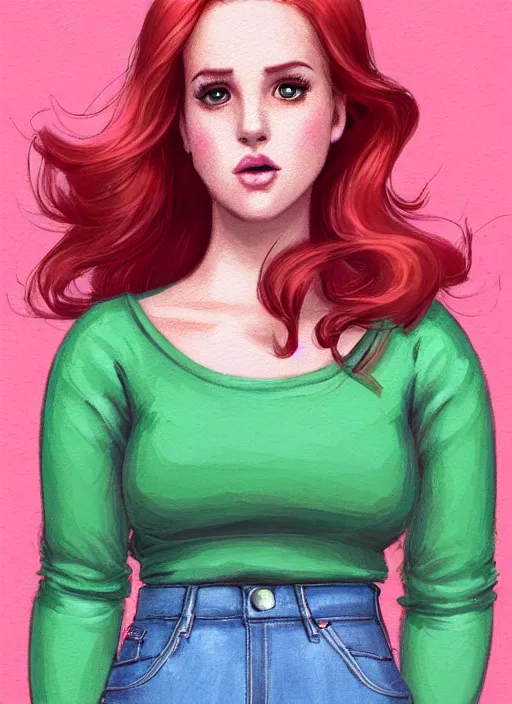 Image similar to full body portrait of teenage cheryl blossom, bangs, green eyes, sultry expression, red hair, sultry smirk, bangs and wavy hair, pink skirt, chubby, intricate, elegant, glowing lights, highly detailed, digital painting, artstation, concept art, smooth, sharp focus, illustration, art by wlop, mars ravelo and greg rutkowski