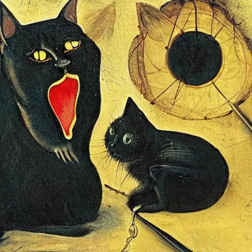Prompt: a black cat possessed by satan, painting in the style of hieronymus bosch