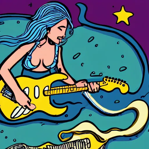 Image similar to illustration of a mermaid playing an stratocaster electric guitar, by Bill Watterson