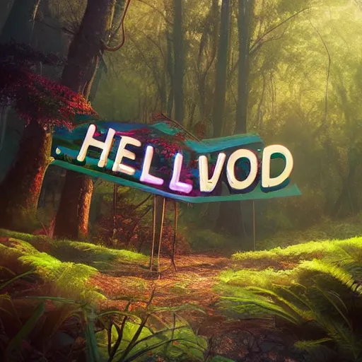 Image similar to 'Hello World' sign in a fairy forest, by Beeple, RHADS, and Greg Rutkowski, trending on artstation, unreal engine, 4k, high quality render, digital art