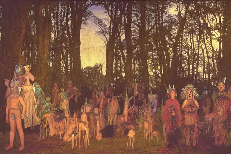 Prompt: autochrome of a midsummernight's dream renaissance forest festival at sunset with masks of wolves and sheep in the style of, jugendstil, alma tadema, vaughn bode and maxfield parrish, maurice sendak and arzach by moebius