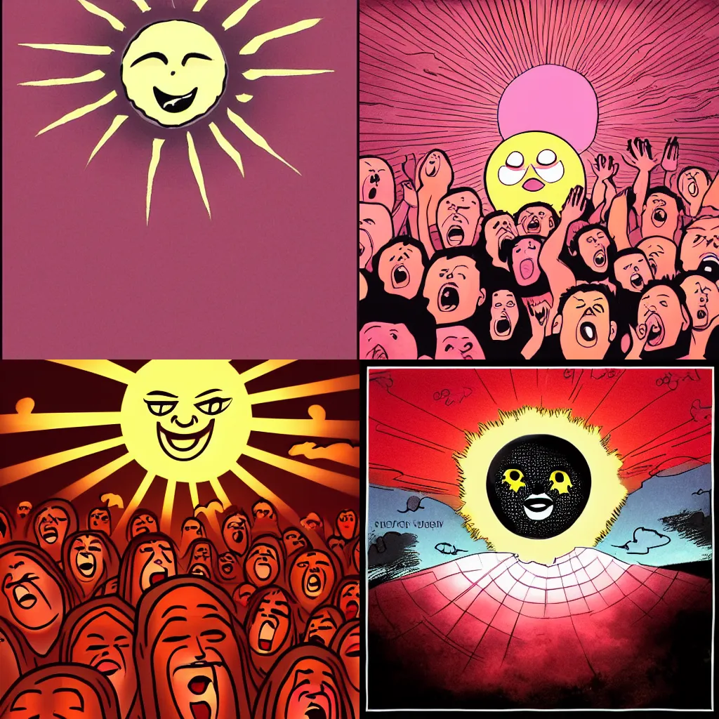 Prompt: A sky full of faces and a sun all screaming in agony. reddish pink colored. comic illustration.