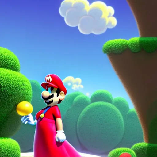 Prompt: mario from super mario wearing a pink dress, studio ghibli, pixar and disney animation, sharp, rendered in unreal engine 5, highly detailed, digital painting, artstation, concept art, smooth, sharp focus, illustration, wide angle, artbook, splash art, dramatic lighting, art by artgerm and greg rutkowski and bo chen and jin xiaodi