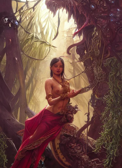 Prompt: kuntilanak on bayan tree, d & d, wet, shiny, fantasy, intricate, baroque, elegant, higly detailed, dramatically art, ultra definition, digital painting, artstation, concept art, smooth, sharp focus, illustration, art by artgerm and greg rutkowski and alphonse mucha and garis edelweiss and alex flores