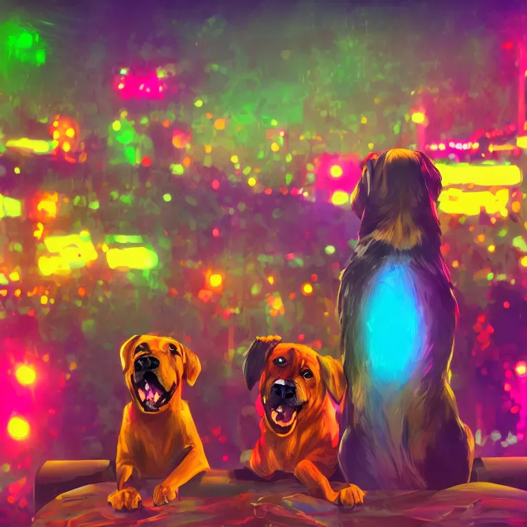 Image similar to two dogs, watching a pop concert, bright colorful lights, crowded, excited atmosphere, digital art, concept art, trending on artstation, cinematic lighting