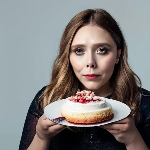 Prompt: Obese Elizabeth Olsen eating cake, XF IQ4, 150MP, 50mm, F1.4, ISO 200, 1/160s, natural light, Adobe Lightroom, photolab, Affinity Photo, PhotoDirector 365