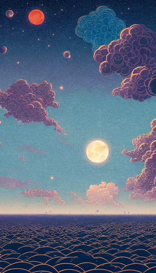 Image similar to harvest moon floating on cosmic cloudscape full of million tiny lanterns, futurism, dan mumford, victo ngai, kilian eng, da vinci, josan gonzalez