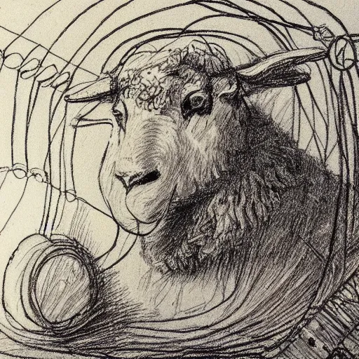 Prompt: perfect sketch of electric sheep, wires, umbra, pastel, by Rembrandt,