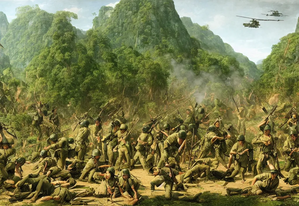 Image similar to vietnam war by jacques - louis david, green jungle, helicopters, battlefield