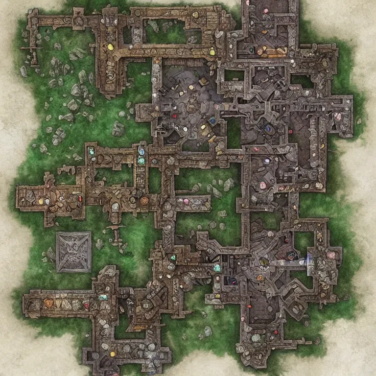 Image similar to full - color fantasy floor plan map of a dungeon, d & d, pathfinder, by jeff todd and greg rutkowski, trending on artstation, pinterest