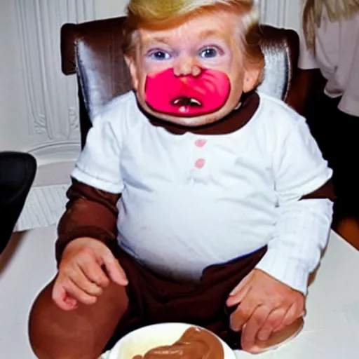 Image similar to donald trump is a baby in a highchair with chocolate pudding on his face