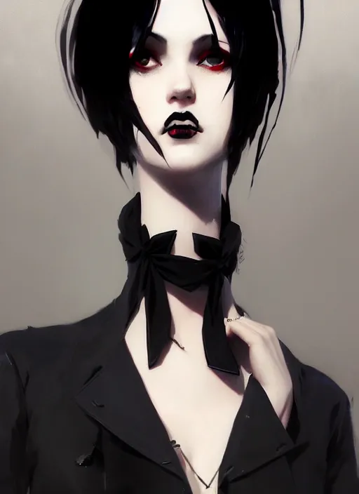 Prompt: ultradetailed beautiful panting of a stylish goth woman wearing a shirt with a tie, dramatic, she has black hair, distressed, by greg rutkowski, ashley wood, makoto shinkai, ilya kuvshinov, on artstation