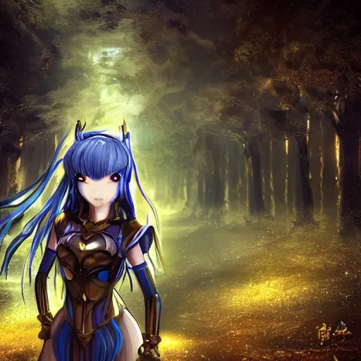 Prompt: focus face portrait of beautiful darkness knight 3D anime girl, golden Armor wearing, dark forest background, snowing, bokeh, inspired by Masami Kurumada, digital painting, high contrast, unreal engine render, volumetric lighting, high détail