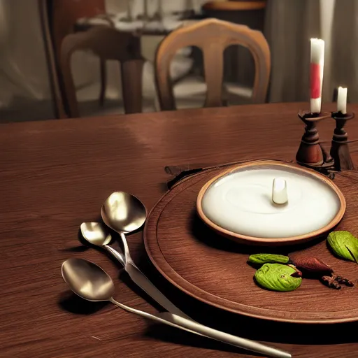 Prompt: a human heart in a bowl, on a engilsh 1 8 th century dinner table, spoon placed, a glass of milk in the style of an american horror story, octane render, unreal engine 5, hyper realism