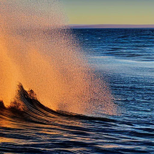 Image similar to perfect wave breaking in shallow clear water front view, hollister ranch, offshore winds, kelp, islands on horizon, oil dereks on horizon, late afternoon, fall, central california