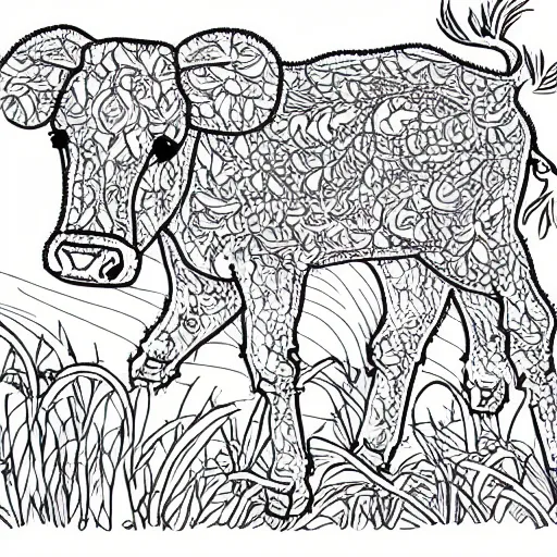 Prompt: a beautiful intricate line drawing of a cute calf running on a meadow