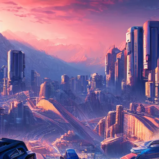 Image similar to beautiful sunset over detailed cyberpunk suburb in a valley surrounded by epic mountains with snowtops, sharp, highly detailed, hyperrealistic, kacper niepokolczycki, artgerm, syd mead, 4 k, perfect geometry