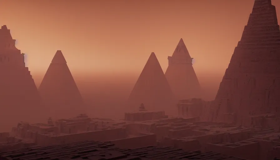 Image similar to a mixture of aztec and egyptian architecture castle, in the style of bladerunner 2 0 4 9, from 8 k matte, cinematic lighting, trending on artstation, unreal engine, highly detailed, 8 k wallpaper, cinematic lighting, octane, matte painting, volumetric lighting, atmosphere, mist, fog, clouds, matte painting