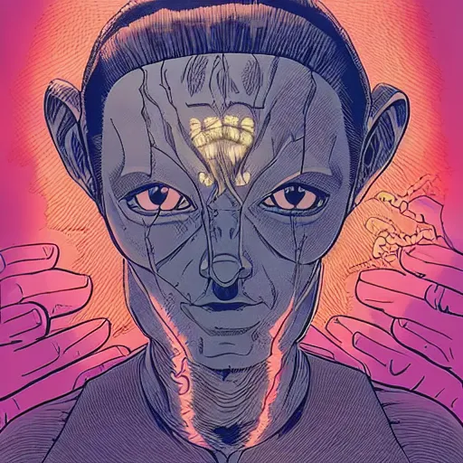 Image similar to a powerful psychic man emitting psychic energy, psychic powers, powers, artgerm, jamie hewlett, james jean, moebius, geof darrow, detailed, highly detailed, aesthetic!!, fantasy vibe,