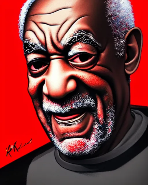 Image similar to a comic potrait of bill cosby with black and red parts, fine - face, realistic shaded perfect face, fine details. night setting. very anime style. realistic shaded lighting poster by ilya kuvshinov katsuhiro, unreal engine, global illumination, radiant light, detailed and intricate environment