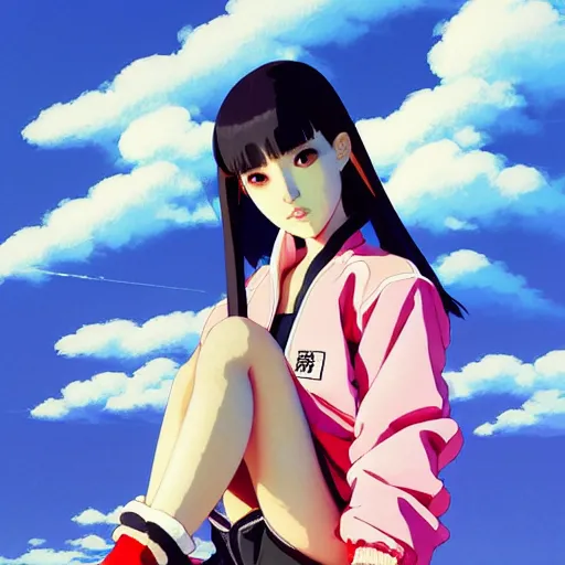 Image similar to a beautiful japanese natalie portman gravure model, wearing oversized native designer bomber jacket and leotard with overalls, bulky poofy bomber jacket with mesoamerican patterns, mesoamerican native street fashion, gapmoe yandere grimdark, trending on pixiv fanbox, painted by greg rutkowski makoto shinkai takashi takeuchi studio ghibli, akihiko yoshida