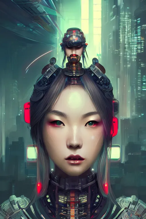 Image similar to portrait futuristic Samurai Girl, in future cyberpunk tokyo rooftop , ssci-fi, fantasy, intricate, very very beautiful, elegant, neon light, highly detailed, digital painting, artstation, concept art, smooth, sharp focus, illustration, art by tian zi and WLOP and alphonse mucha