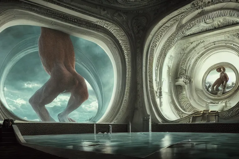 Image similar to hyperrealism aesthetic ridley scott style photography of detailed giant peeing in detailed ultra huge toilet bowl in surreal scene from detailed art house movie in style of denis villeneuve and wes anderson