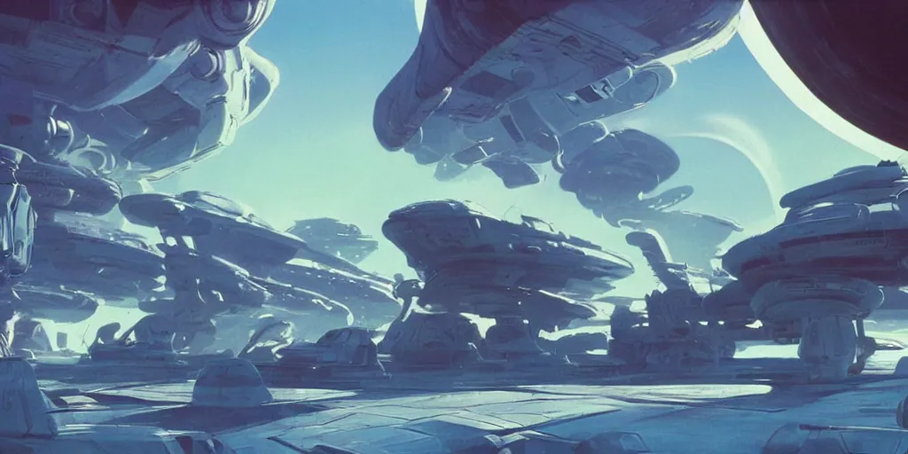 Image similar to blue dreamy cloudscape on an alien planet, daylight, cinematic lighting, cinematic perspective, syd mead, john harris, federico pelat,