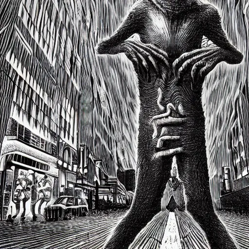 Prompt: creature standing in the middle of the street by Junji Ito and Keith Thompson, eerie, horror, scary, ominous, 8k, highly detailed