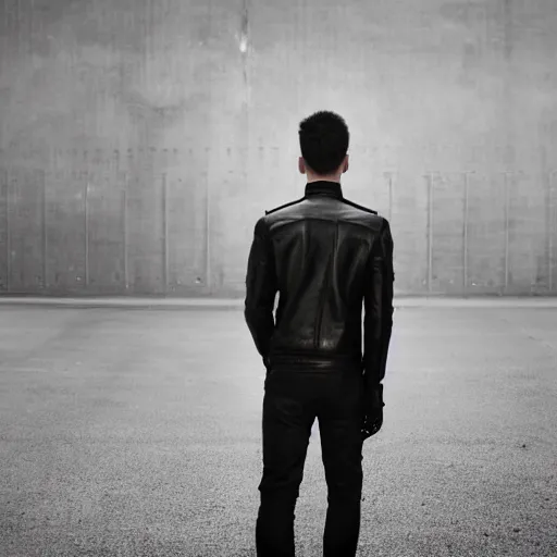 Image similar to a blurred young man in black leather, in a bleak industrial brutalist landscape