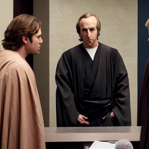 Prompt: jedi master anakin skywalker in jedi robes talking to saul goodman in a suit in court, us court, better call saul scene 1 0 8 0 p, court session images, realistic faces