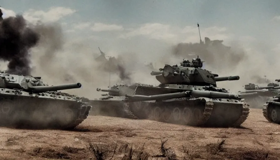 Image similar to Big budget war movie about an epic battle between experimental tanks with too many weapons.