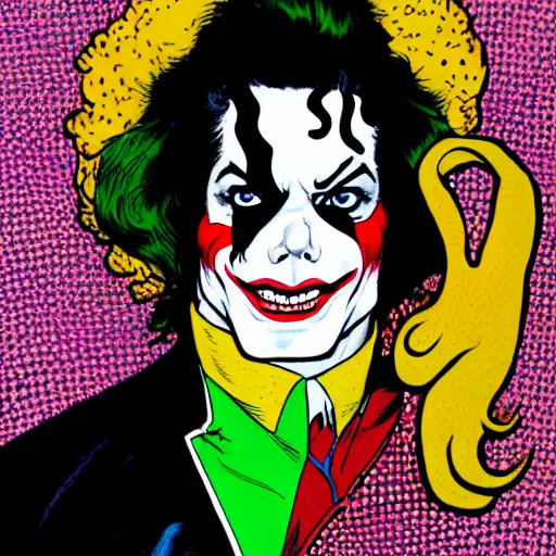 Image similar to dynamic macro head portrait of beautifu michael jackson as the joker in white sequined jacket by john romita sr and cory walker and ryan ottley and jack kirby and barry windsor - smith, comic, illustration, photo real