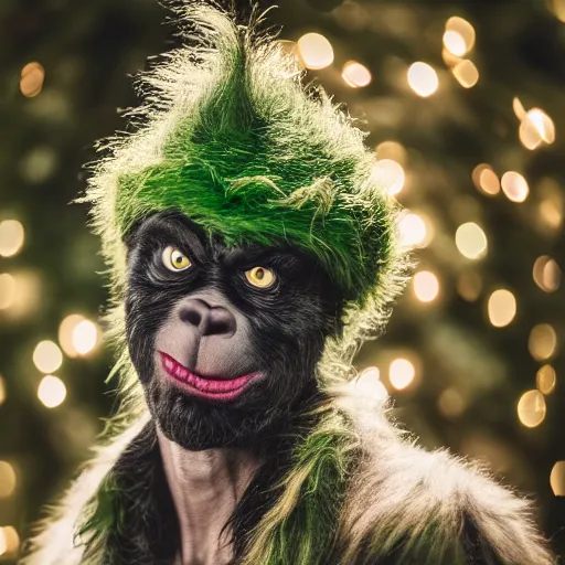 Image similar to portrait photo still of real life grinch, 8 k, 8 5 mm f 1. 8