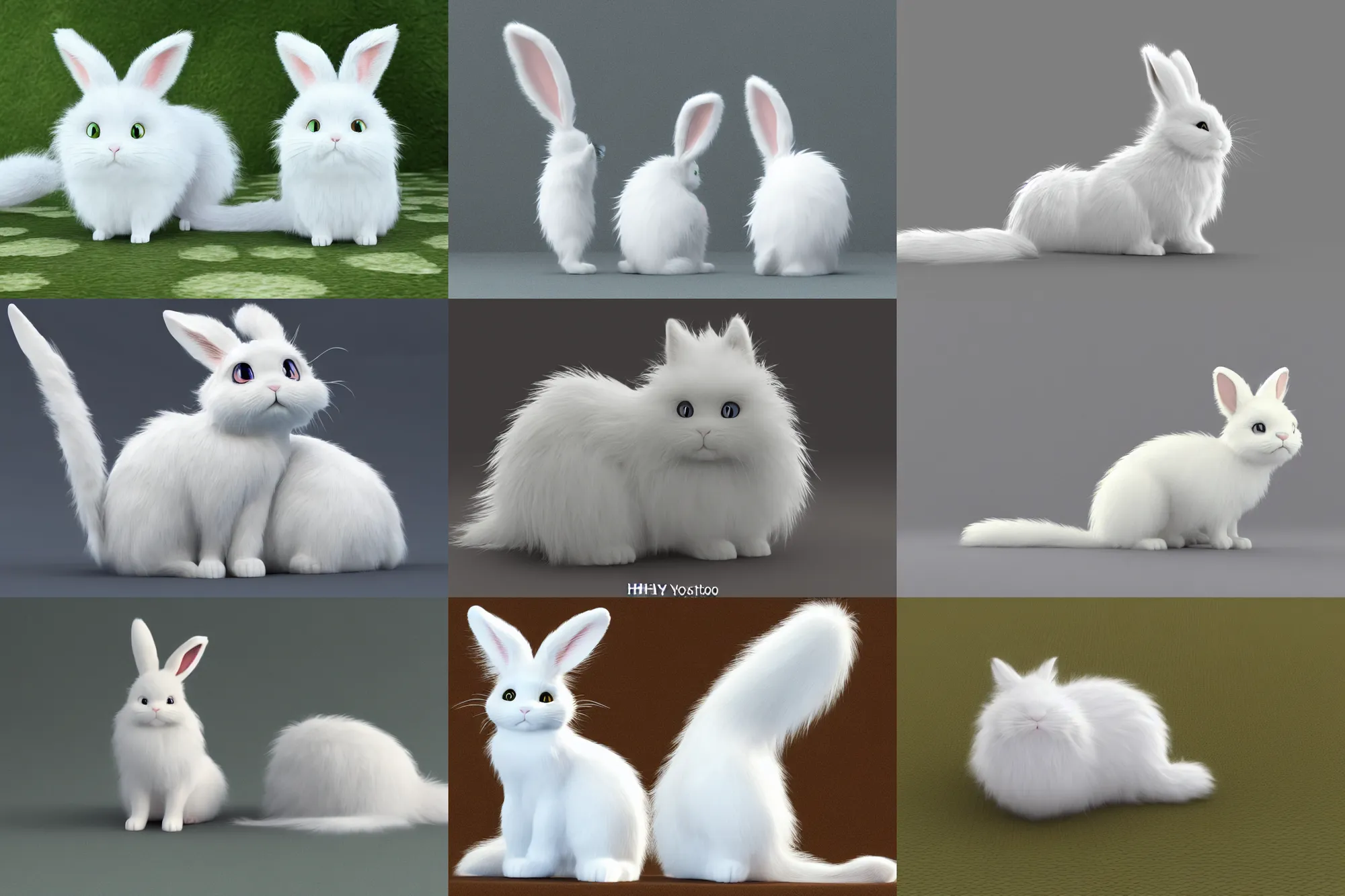 Prompt: 3D render in the style of Studio Ghibli of a bunny-cat hybrid with long ((((curly)))) white fluffy fur and extra long forked tail, by Hayao Miyazaki - H 1024