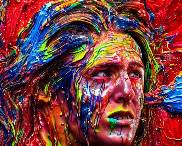 Prompt: still shot close up footage of the portrait of a human head exploding and disintegrating into acrylic pour and splashing paint and dripping paint, painful emotions, motion blur, hyperrealistic, medical, intricate art photography, anatomically correct, realistic crisp textures, 1 6 k