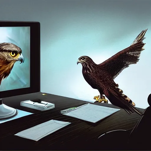 Image similar to a life-like photographic fantasy art raptorial composition of hawk office worker bird-man at computer desk facial portraiture, bird-man is lying on the desk with a baleful eye regarding the computer screen, tired, in stunning digital paint, trending fantasy art by Michael Whelan