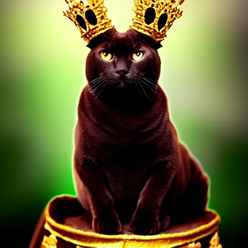 Image similar to chocolate burmese cat wearing royal crown and robes, artstation, fantasy