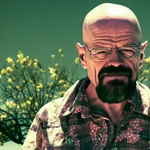 Prompt: Walter White as a hippie in floral shorts