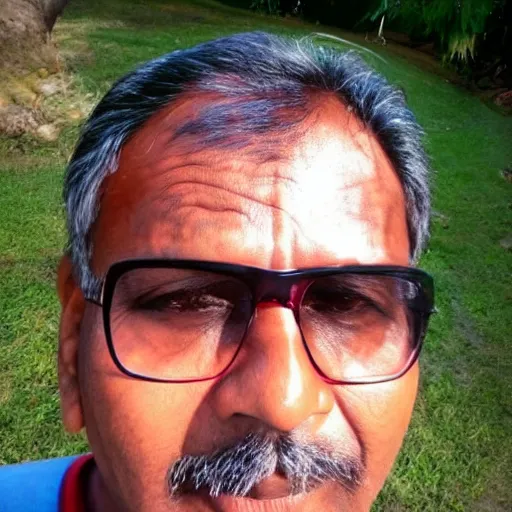 Image similar to my indian dad accidentally taking a selfie with the front camera, squinting because the camera flash is so bright in his face