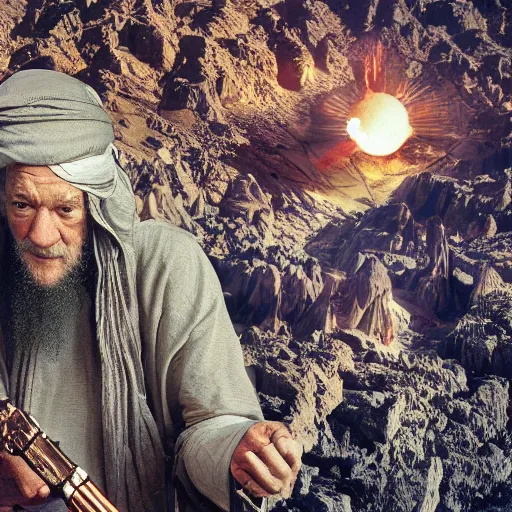 Prompt: landscape photo of ian mckellen as osama bin laden in a dark hood fighting an alien invasion by creatures from jupiter, arial shot, highly detailed, cinematic shot, cinematic lighting, 8 k.